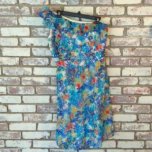 Tahari Blue Floral One Shoulder Dress